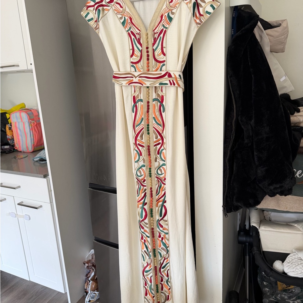 Cream Embroidered V-Neck Maxi Dress / galabya with Multicolor Trim